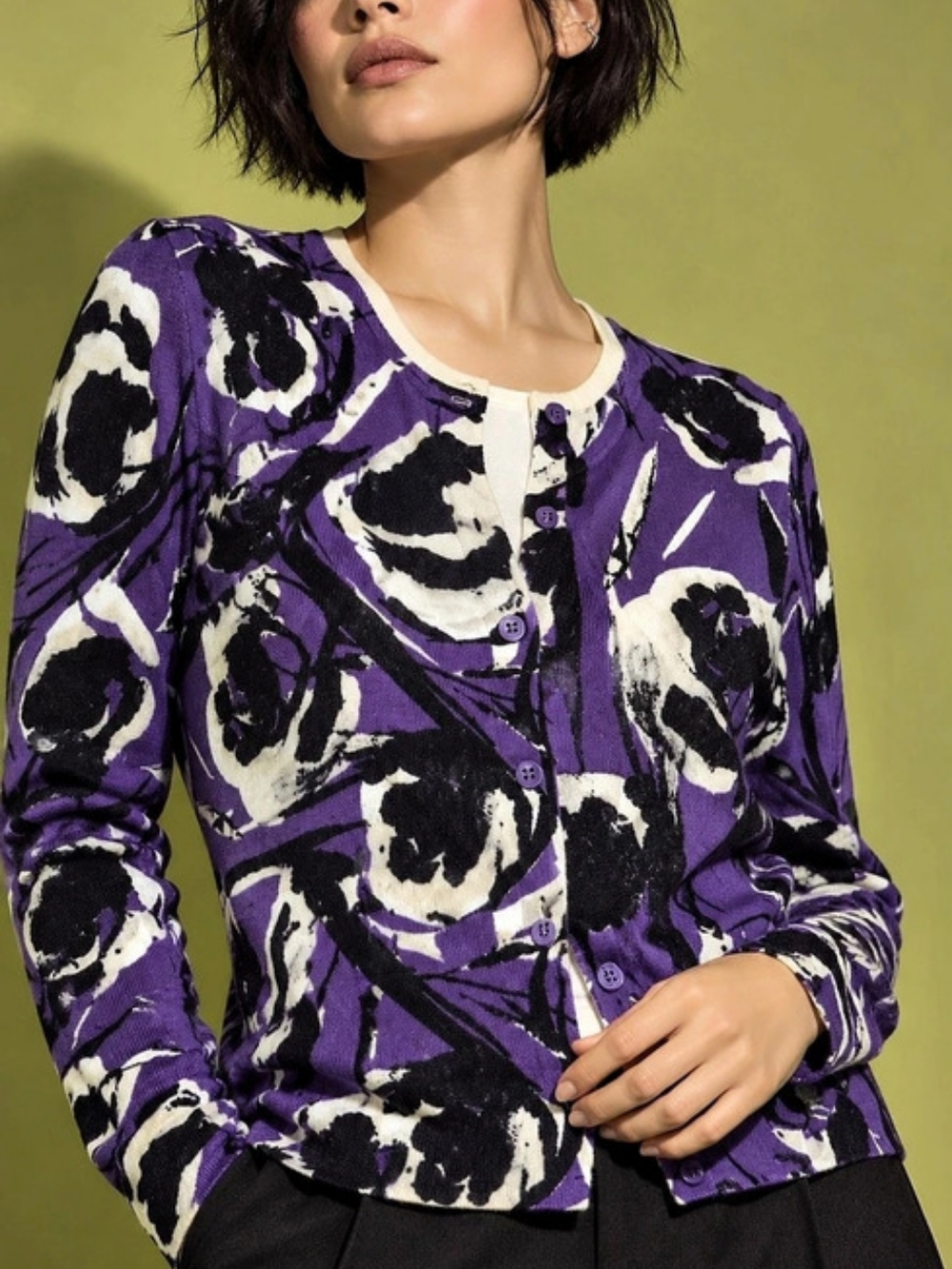 Ann Taylor Abstract Print Cardigan in Purple & Black